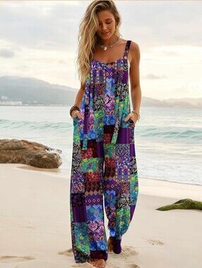 Patchwork Wide-Leg Jumpsuit - Purple Multi.  NWT Size Medium